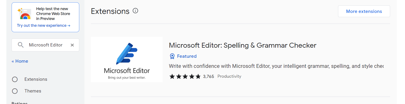 Microsoft Editor chrome application entry in the Chrome store.